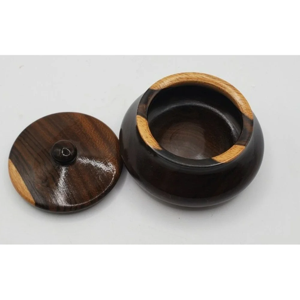 Vintage Hand Turned Wooden Trinket Bowl‎ W/ Lid 2